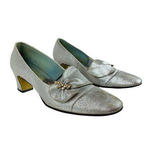 Vintage 1960s Silver Metallic Rhinestone Chunky Heels Mandarins Cocktail Party S